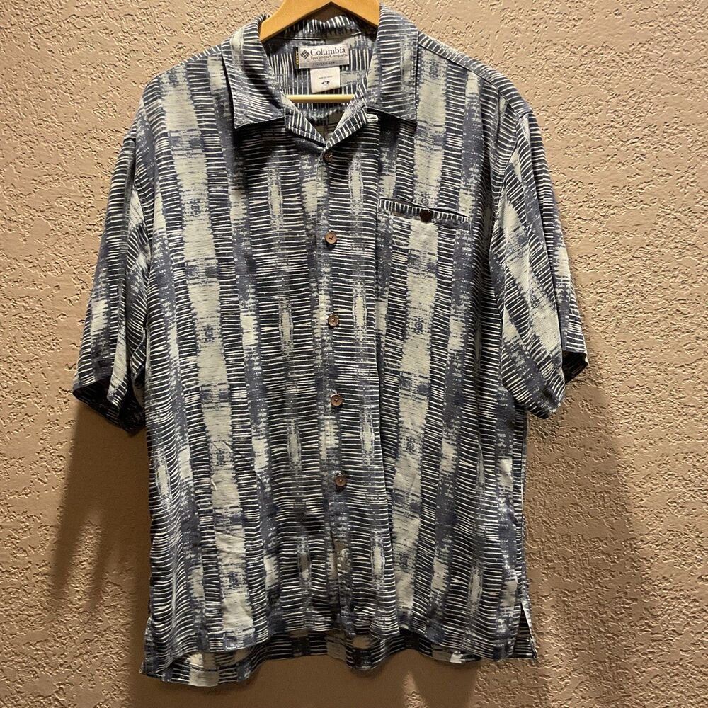 Columbia GRT Titanium Shirt Men M 100% Silk Bamboo Print Loop Collar Button Up